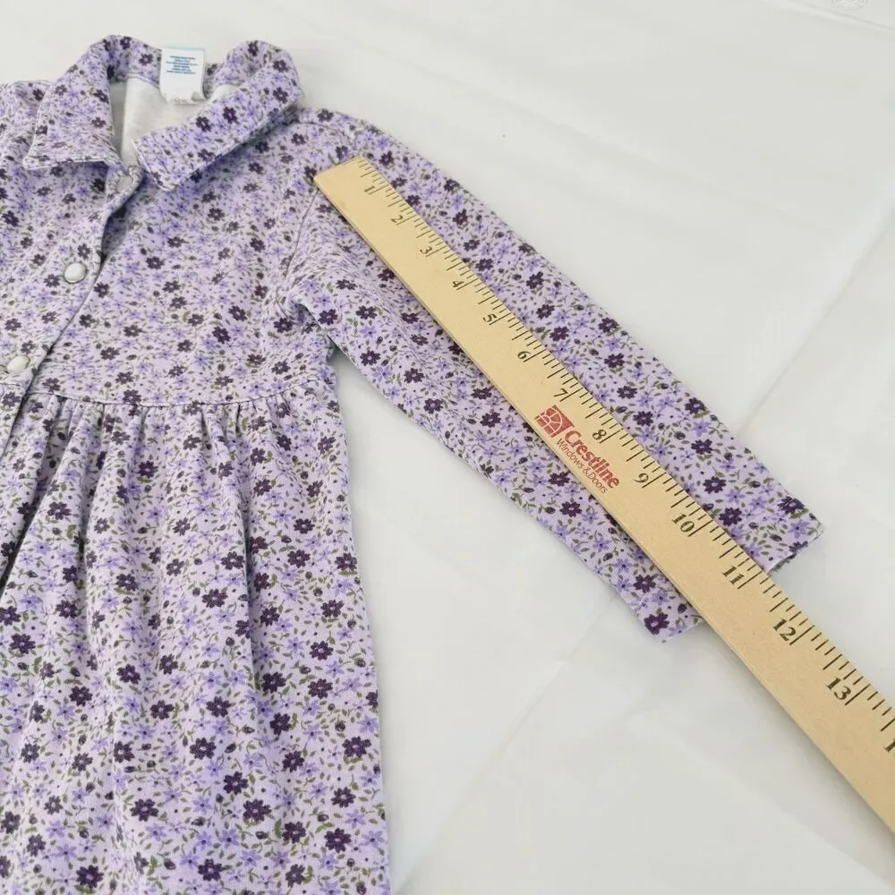 Vtg Y2K Old Navy 3T Floral Button Down Purple 100% Cotton Knit Dress Pearl Snaps